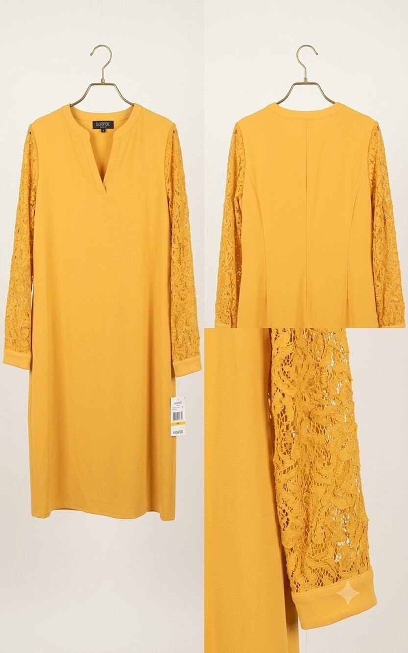 Mustard Yellow V-Neck Sheath Dress Size XXL with Floral Lace Sleeves - Plus Size